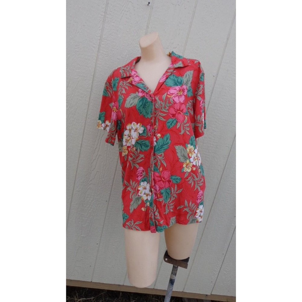 Vtg Red 1x Plus Size Hawaiian Shirt Ladies  100% Rayon Pink Tropical